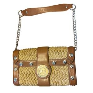 Michael Kors Vintage Raffia Tan Leather Straw Clutch Bag Chain Strap Stud Accent